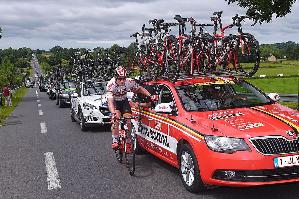 Andre Greipel gets support from Lotto Soudal team car stage 3 Tour de France