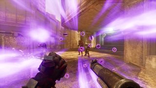 The player catches bullets being fired by an enemy. Purple flashes surround their vision.