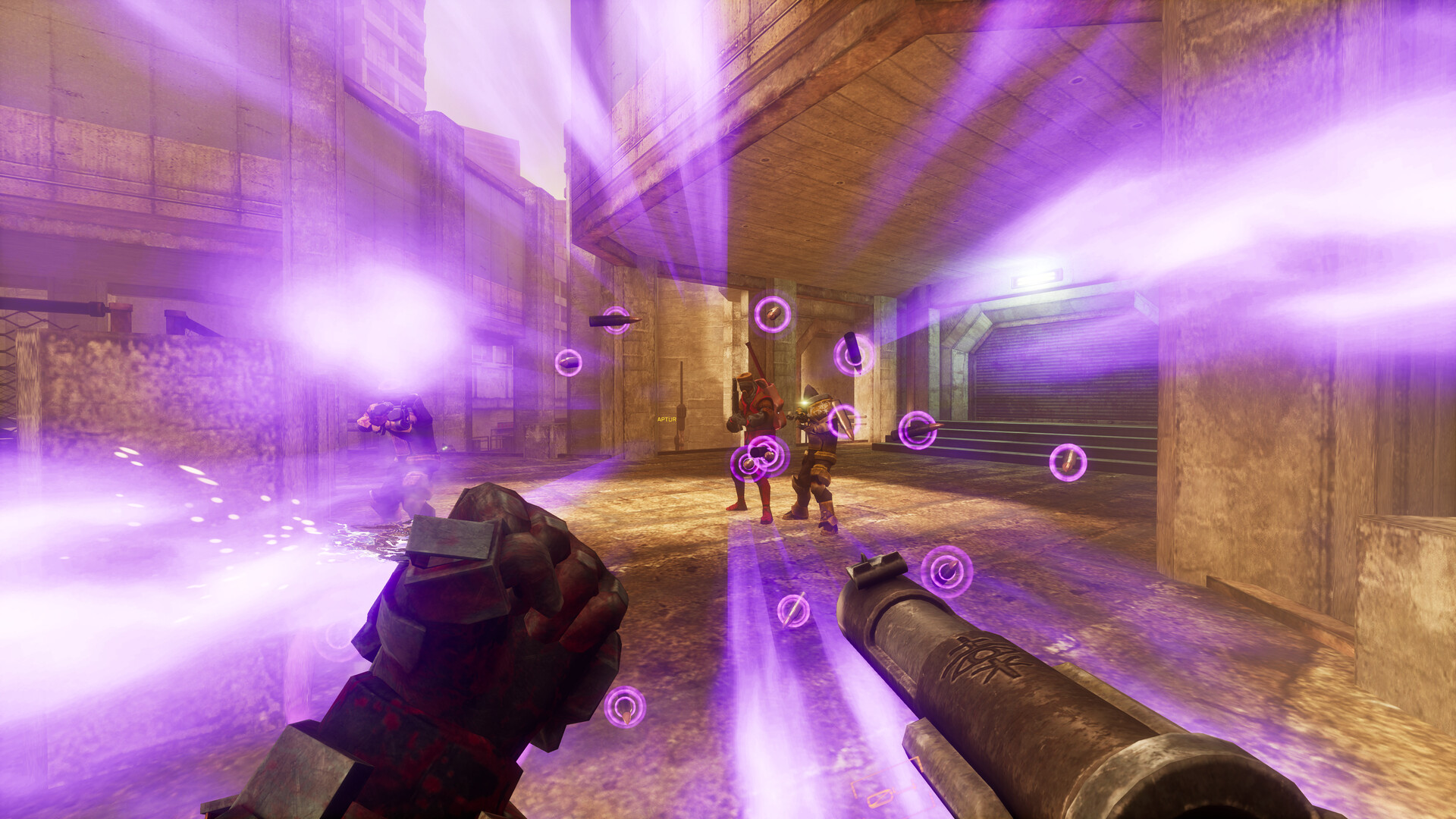 The player catches bullets being fired by an enemy. Purple flashes surround their vision.