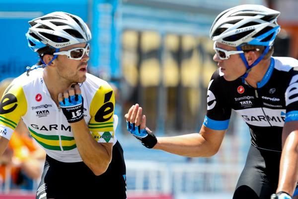 Jack Bobridge and Brett Lancaster cross the finish line together.