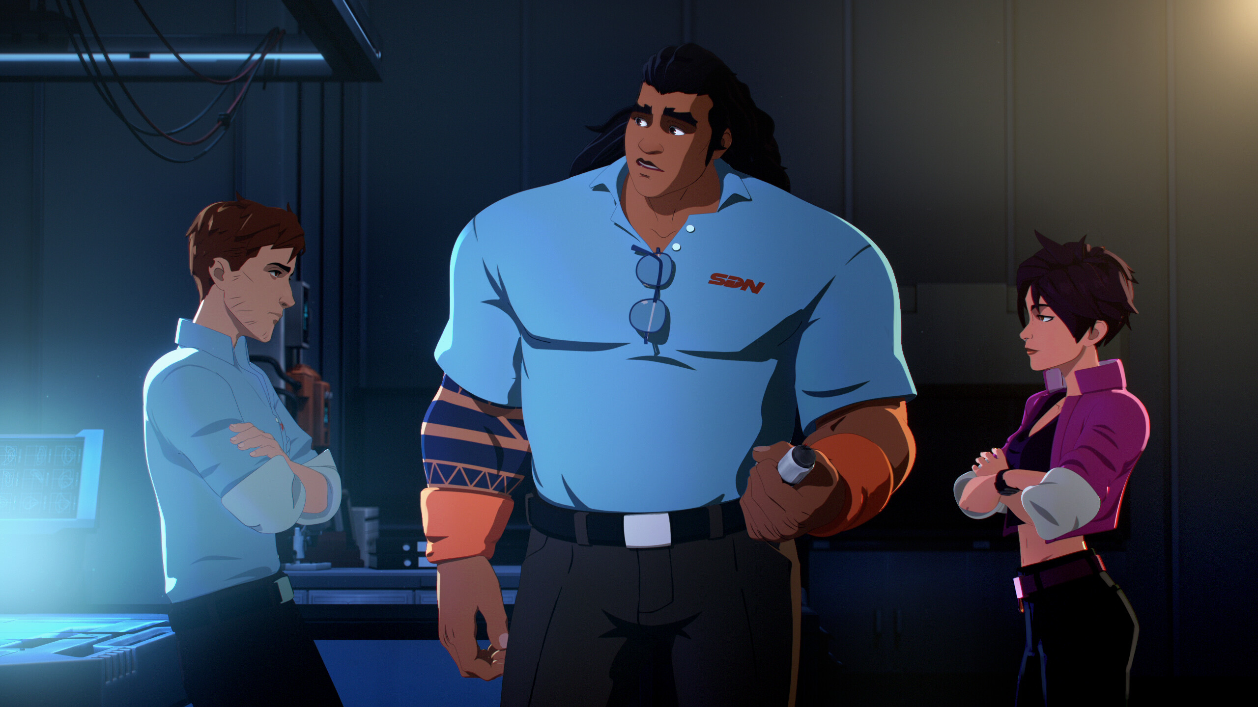 Three superhero characters from Dispatch, standing around talking in a dimly lit room
