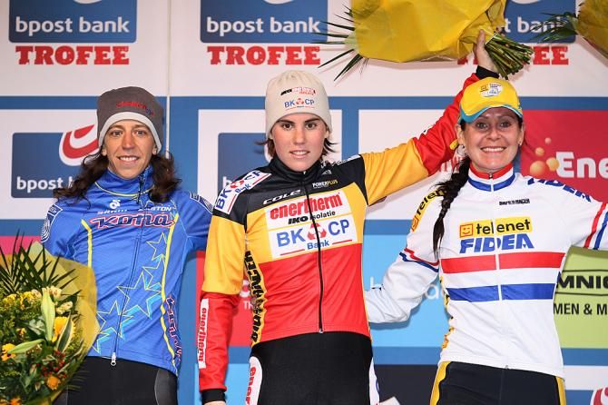 The Essen women's podium: Helen Wyman, Sanne Cant and Nikki Harris