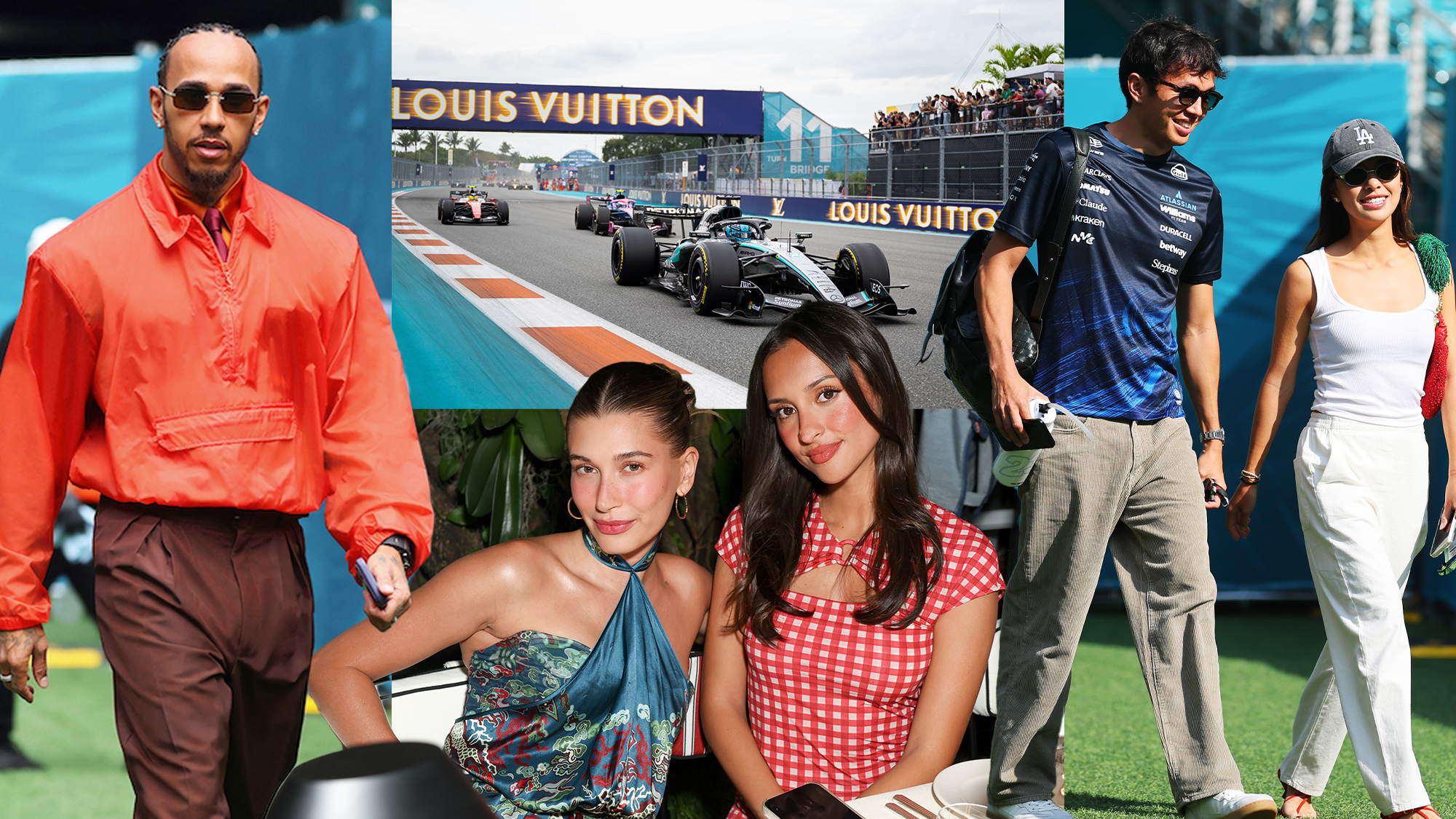 A collage of photos from the 2026 Miami Grand Prix of Lewis Hamilton, Alexandra Leclerc, Hailey Bieber, Kimi Antonelli, Lily Muni He, and Alexander Albon.