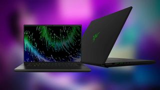 Razer Blade 16 and 18 gaming laptops on colorful background