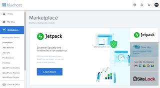 Bluehost's app marketplace within its user interface