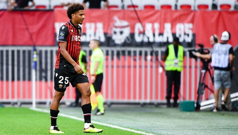 Nice defender Jean-Clair Todibo walks off the pitch after being sent off against Angers in Ligue 1.