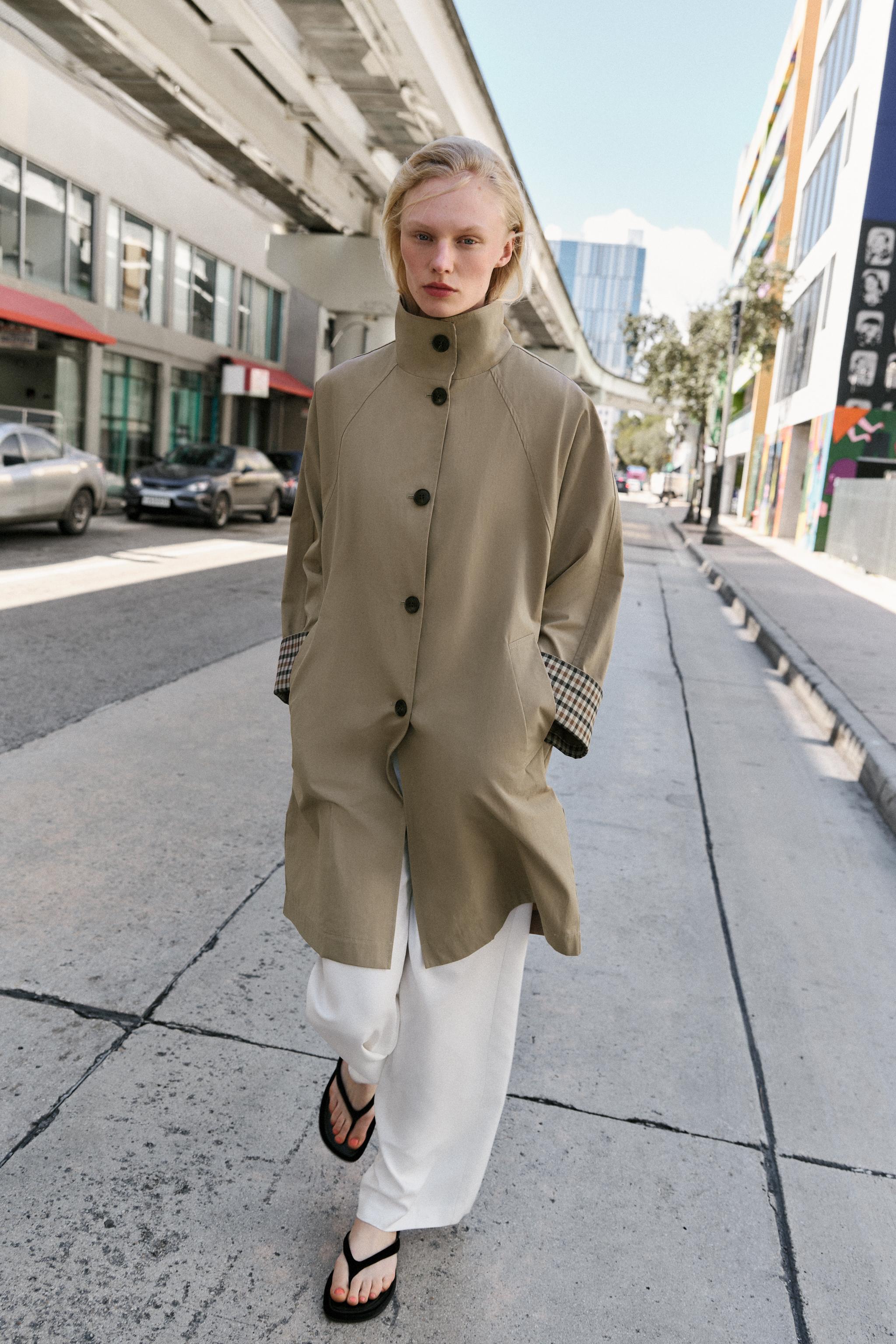 Oversize Trench Coat With Check Cuffs