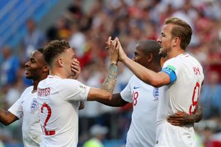 Harry Kane of England celebrates with teammates after scoring his team's sixth goal during the 2018 FIFA World Cup Russia group G match between England and Panama at Nizhny Novgorod Stadium on June 24, 2018 in Nizhny Novgorod, Russia.