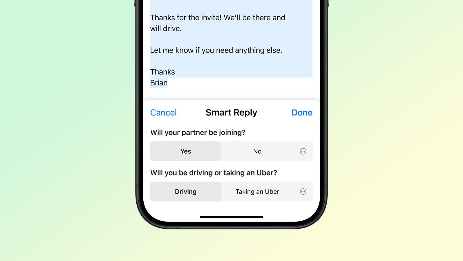 Smart replies at the bottom of the Mail app screen in iOS 18