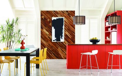 Multi-colored kitchen with a red countertop and light fixtures