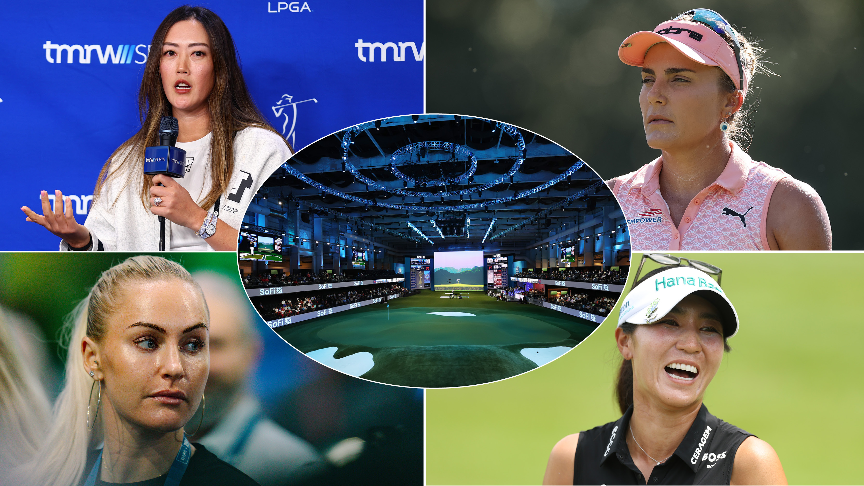 Michelle Wie, Lexi Thompson, Charley Hull and Lydia Ko with the SoFi Center in the middle