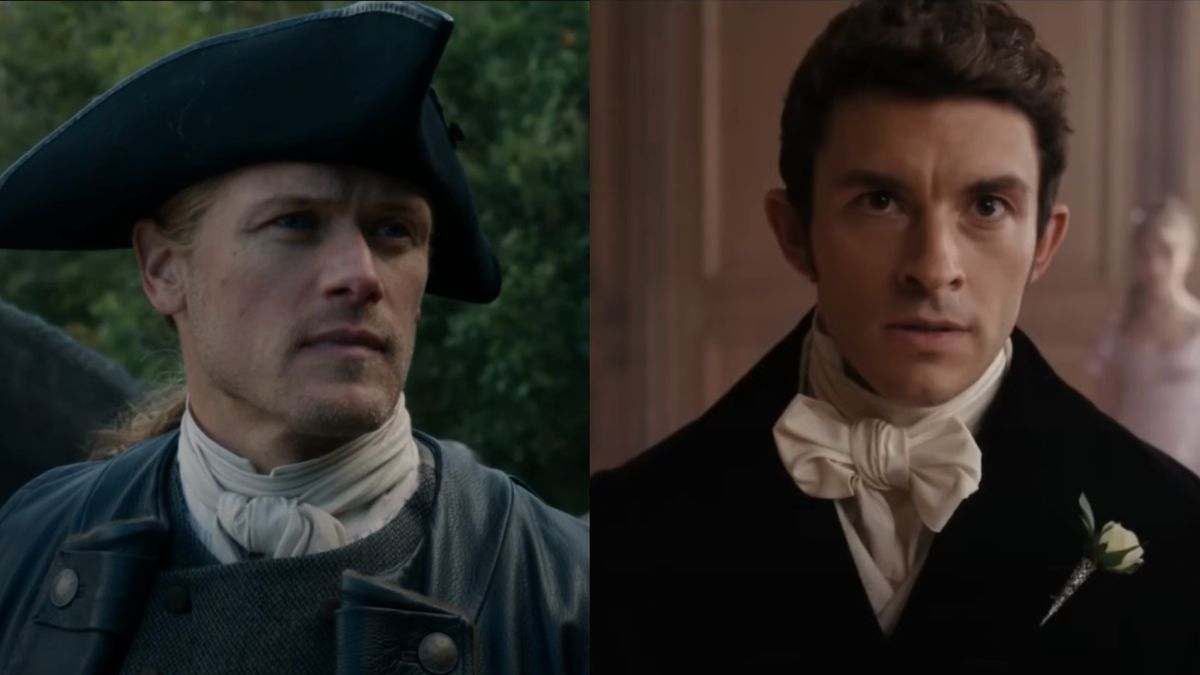 Sam Heughan as Jamie Frasier in Outlander next to Jonathan Bailey as Anthony Bridgerton in Bridgerton.