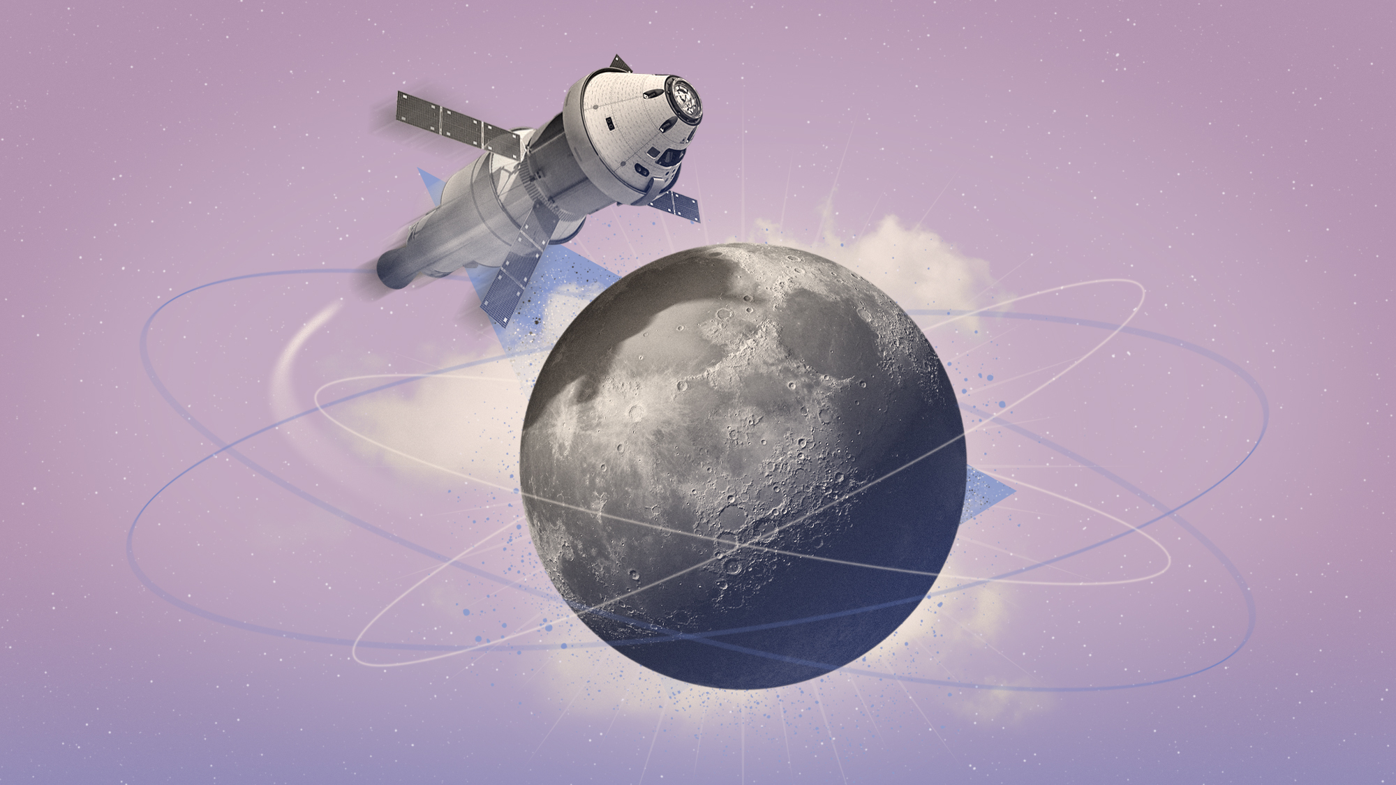 Illustration of the Artemis II spacecraft orbiting the Moon
