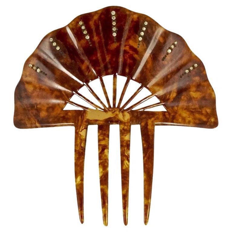 Art Deco Faux Tortoiseshell Four Prong Fan Shaped Hair Comb With Rhinestones