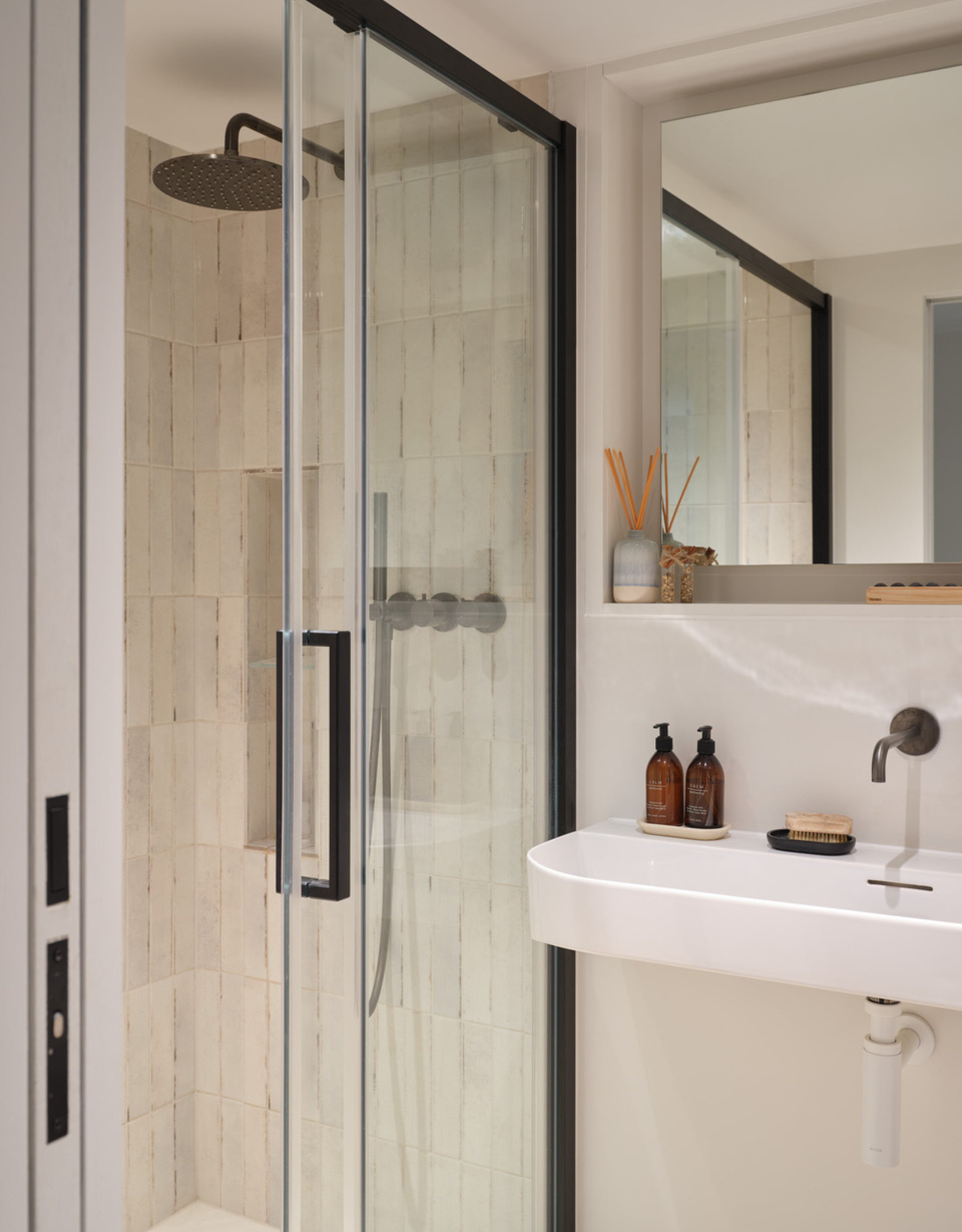 A small shower room in a white bathroom