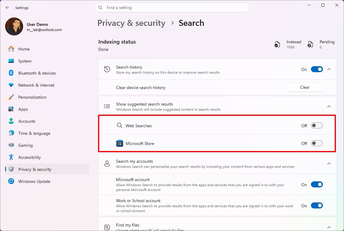Windows 11 Settings shows the Search options.