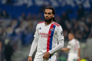 Jason Denayer #5 of Olympique Lyonnais looks on during the UEFA Europa League Quarter Final Leg Two match between Olympique Lyonnais and West Ham United at OL Stadium on April 14, 2022 in Lyon, France.