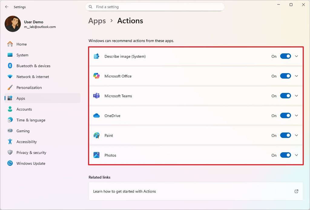 Windows 11 Settings Actions settings