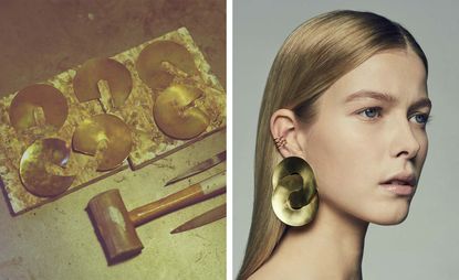 Left, making the 'Tayeh' earrings. and Right, ‘Pari’ earrings in brass and sterling silver