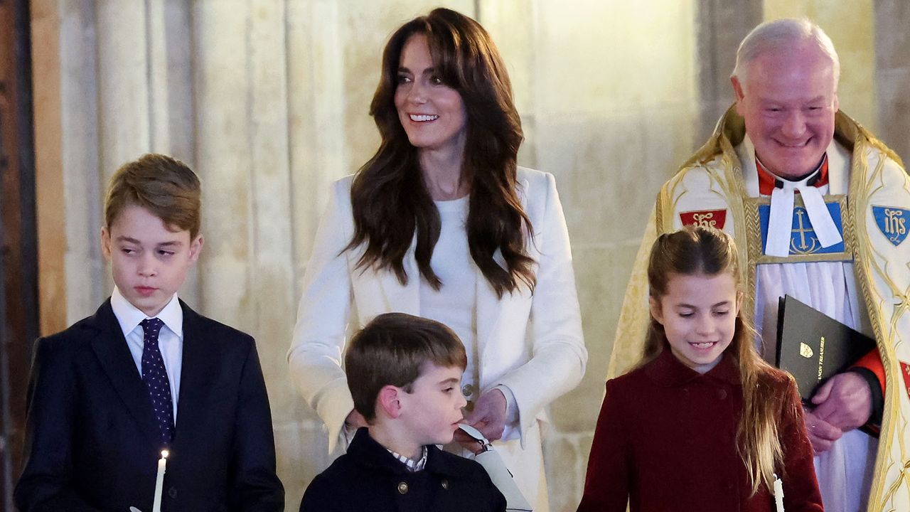 Kate Middleton, Prince George, Prince Louis, and Princess Charlotte at the Christmas Carol service in 2023.