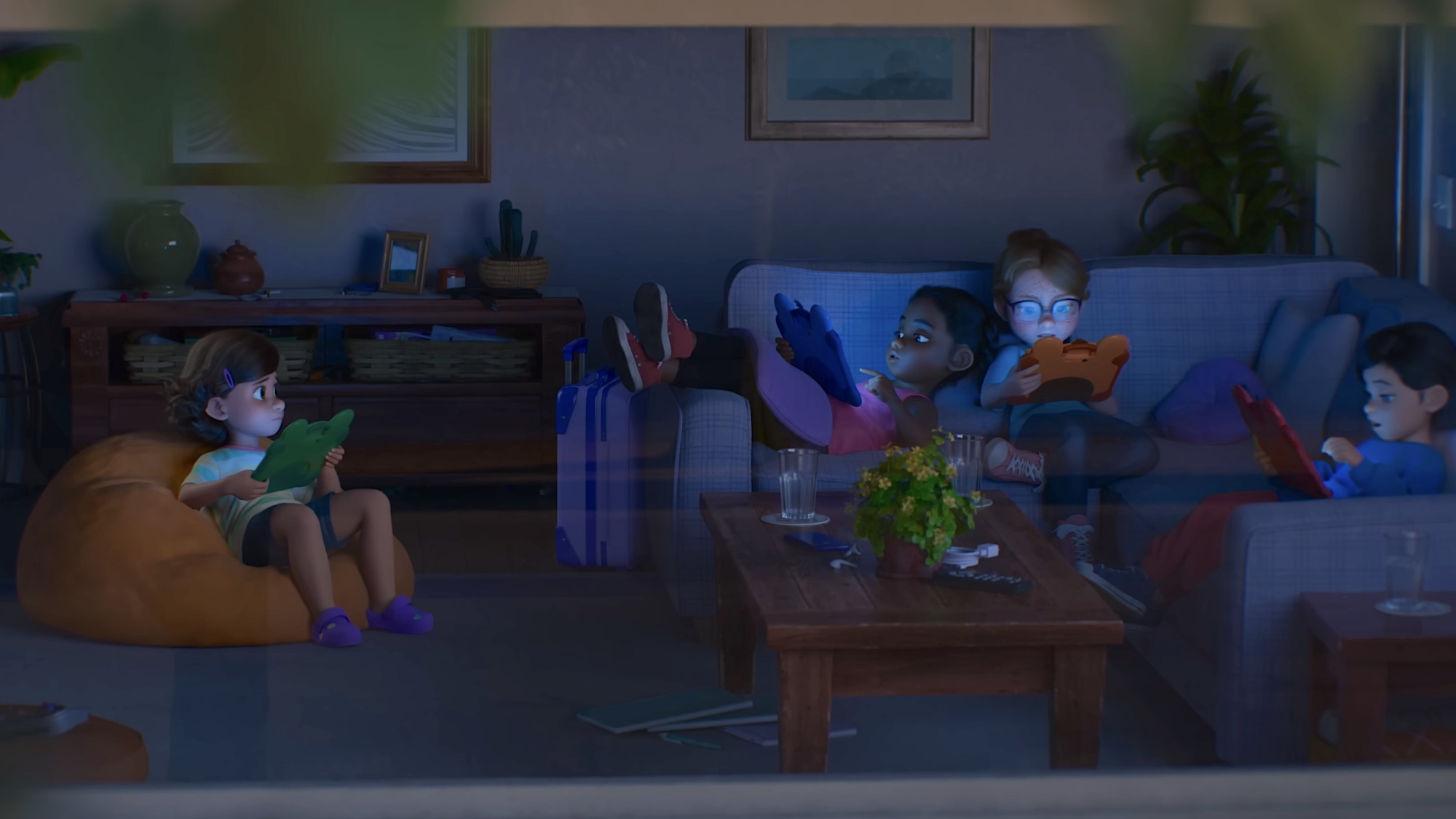Bonnie on her tablet sitting on beanbag in other girl's house in Toy Story 5