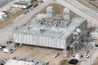 A 2009 aerial view of Mobile Launch Platform-3 (MLP-3) as seen parked at Kennedy Space Center in Florida.