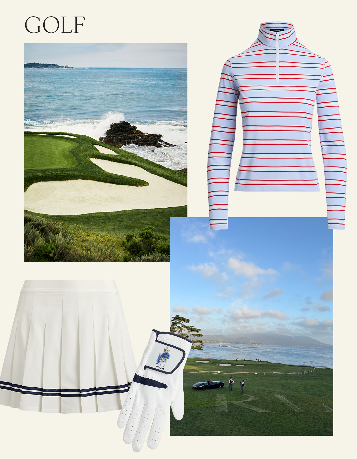 Collage featuring Pebble Beach golf course and a striped golf pullover, pleated skirt, and golf glove.