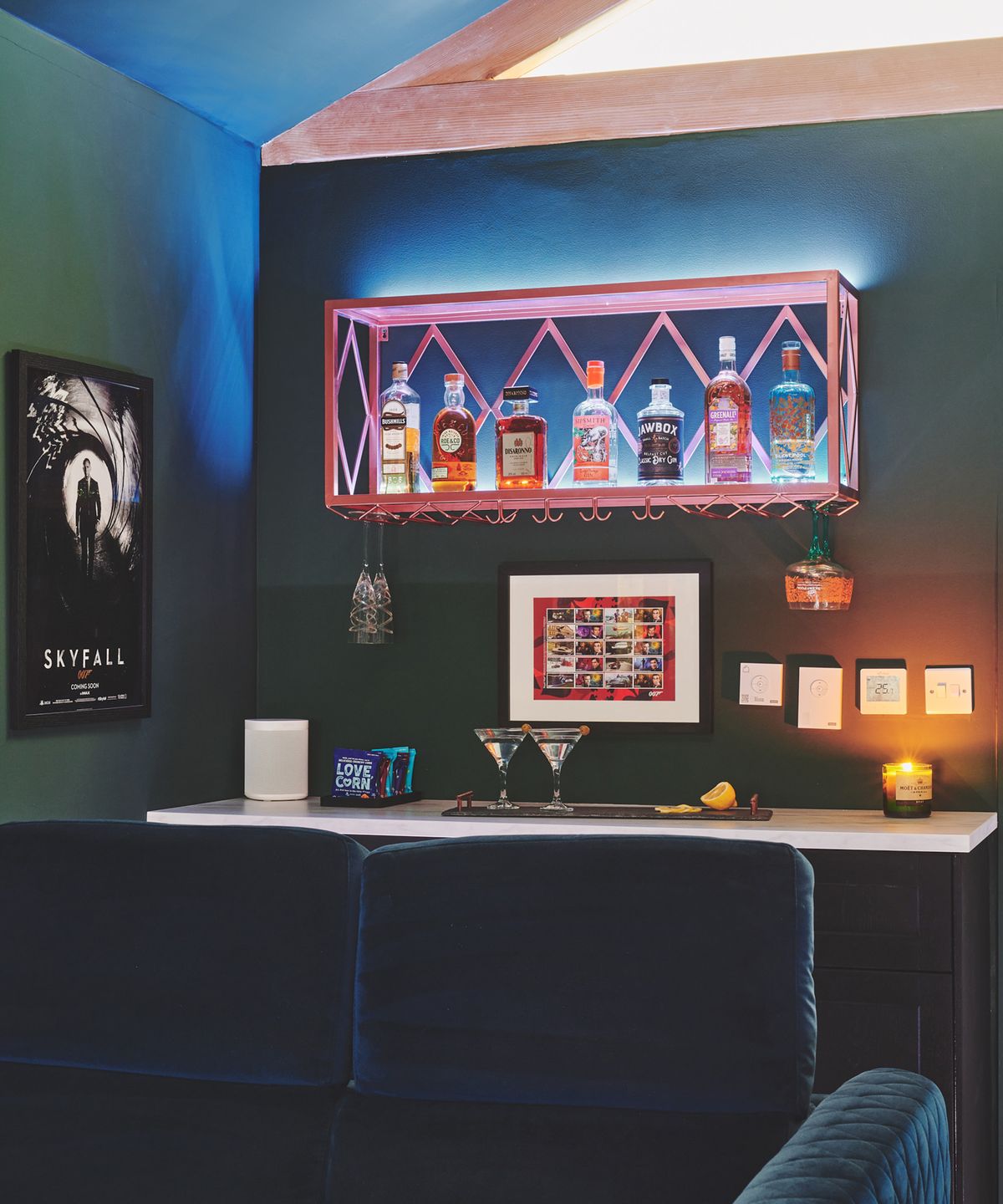 Indoor bar with decorative drinks glasses and bottles