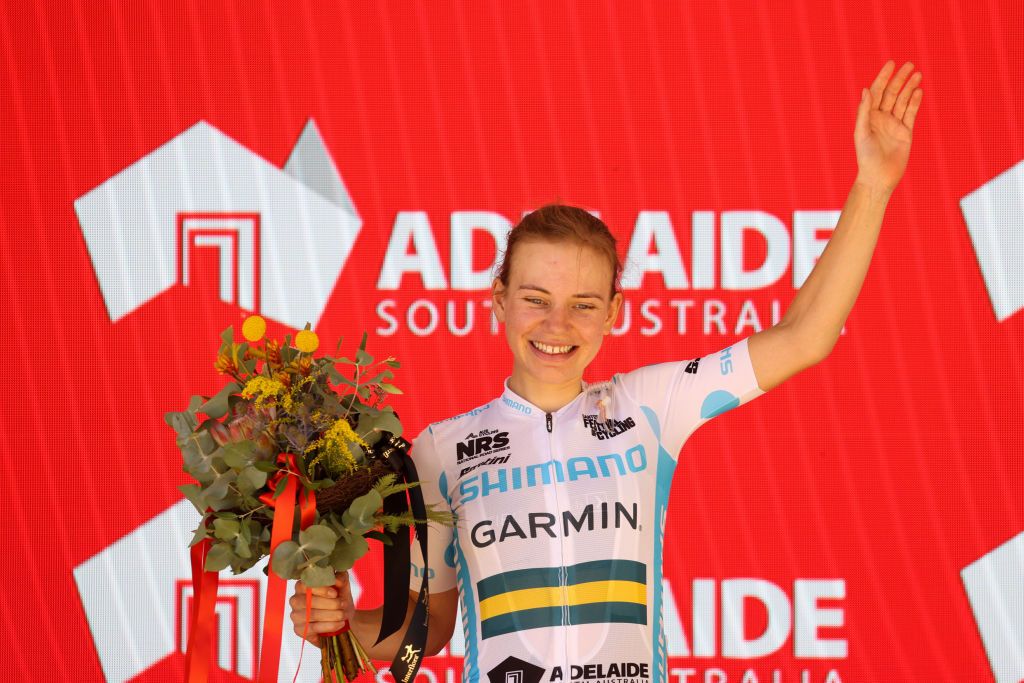 ADELAIDE, AUSTRALIA - JANUARY 22: Sarah Gigante of Team Garmin Australia was the stage winner at the Women's Bike Exchange Stage 2 from Birdwood to Lobethal of the Santos Festival of Cycling on January 22, 2021 in Adelaide, Australia. (Photo by Peter Mundy/Getty Images)