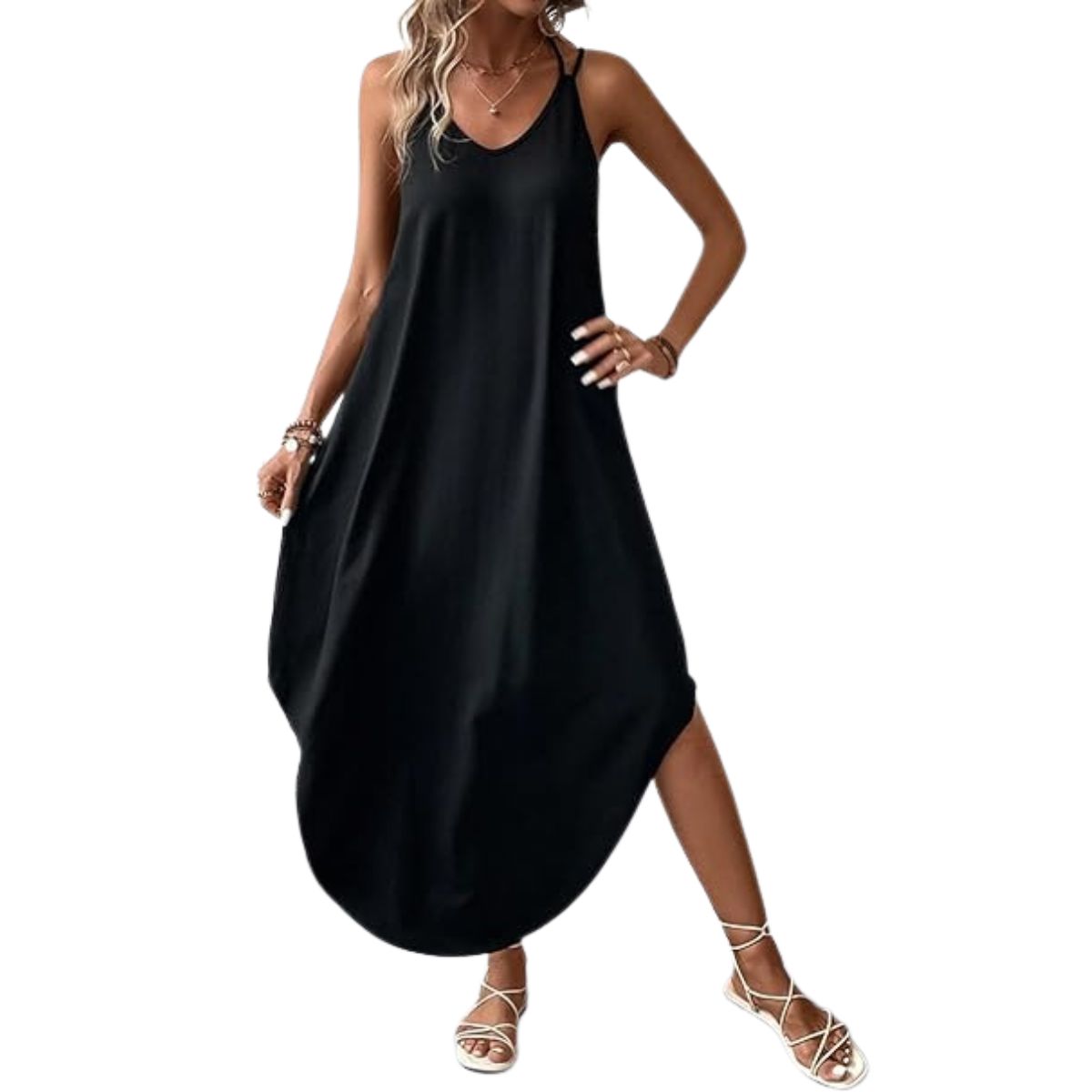 Chicrise Women's Summer Dresses Casual Strappy Dress Long Boho Maxi Dresses Loose Flowy Black Large 12-14