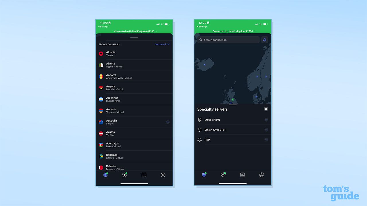 Two screenshots of NordVPN's server lists on iOS. On the right is NordVPN's regular server list. On the right is NordVPN's speciality servers list on iOS. The speciality servers include Double VPN, Onion OverVPN and P2P.