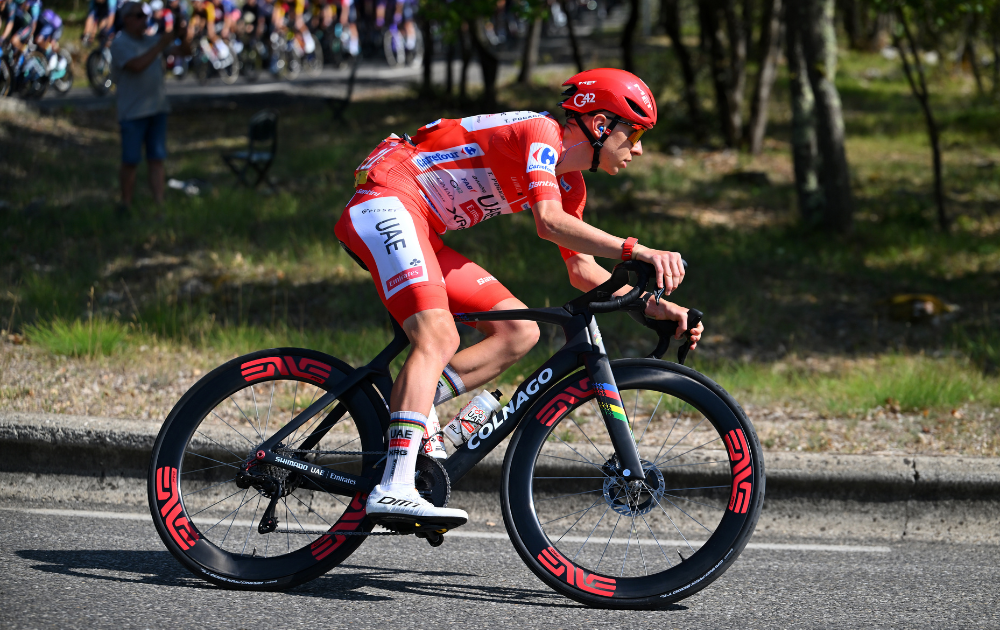 Tadej Pogacar of Slovenia and UAE Team Emirates XRG - Red Leader Jersey competes during the La Vuelta