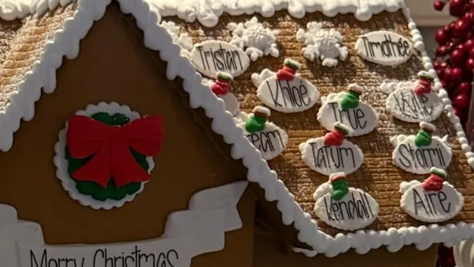 Kris Jenner's gingerbread mansion includes Khloe Kardashian's ex, Tristan Thompson's name, leading fans to speculate that the pair are back together.