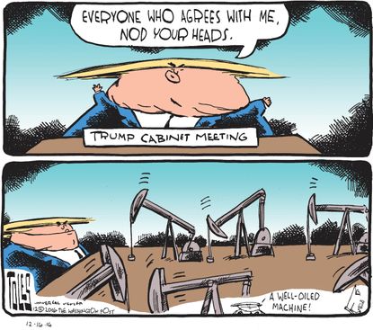 Political cartoon U.S. Donald Trump cabinet meeting oil