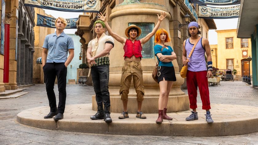 (L to R) Taz Skylar as Sanji, Mackenyu as Roronoa Zoro, Iñaki Godoy as Monkey D. Luffy, Emily Rudd as Nami, Jacob Romero as Usopp in episode 201 of One Piece.