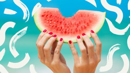 Image of hands with cute red nail designs for short nails holding a watermelon by the sea