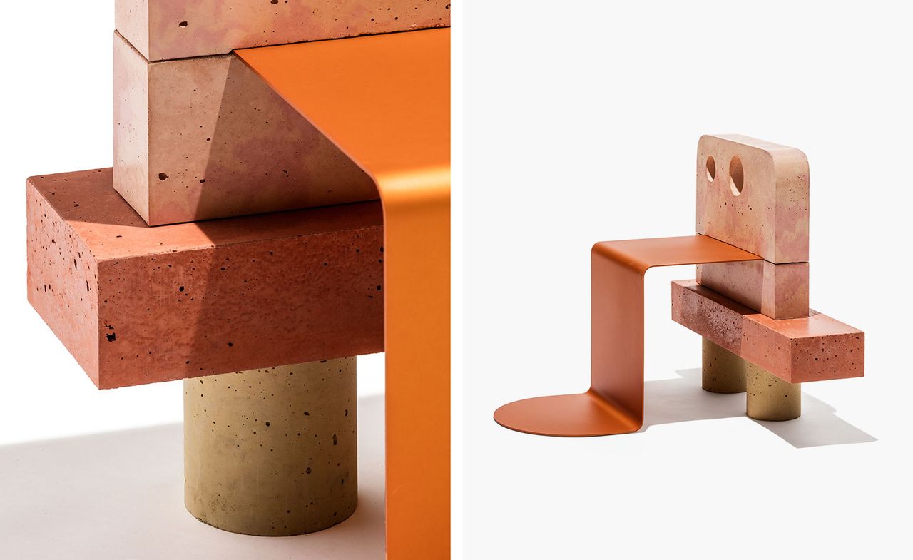 Two side-by-side photos of the LMA (Lick My Ass) chair by Pettersen &amp; Hein for the Mindcraft exhibition. The first photo is a close up of the chair made from concrete blocks and aluminium shaped like a tongue. And the second photo shows the entire chair