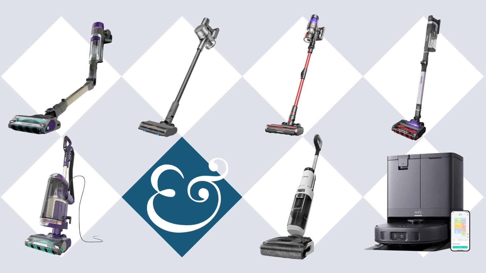 Shark, Dreame, Ultenic, Tinceo, and eufy vacuums on tile background with Homes &amp; Gardens '&amp;' logo.