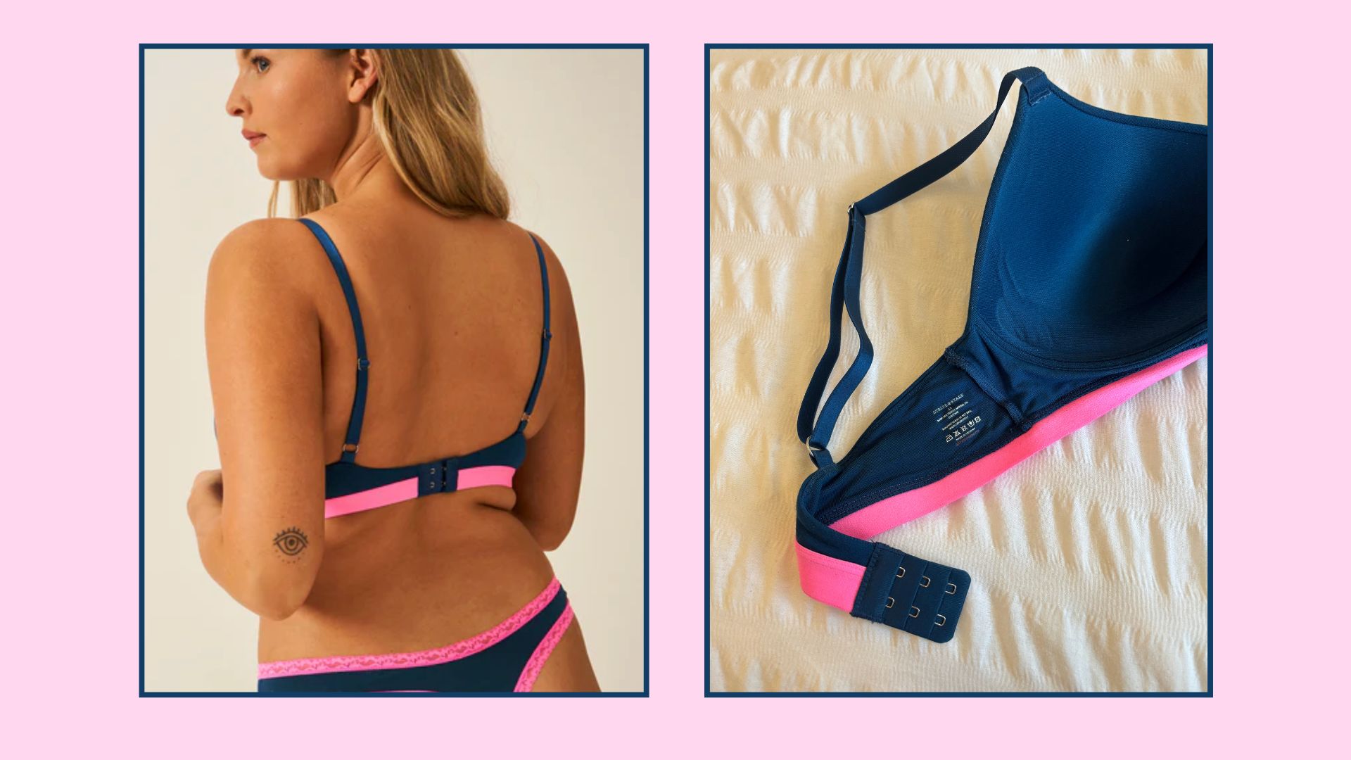 a model wearing the stripe &amp;amp; stare bra as well as a flay lay shot