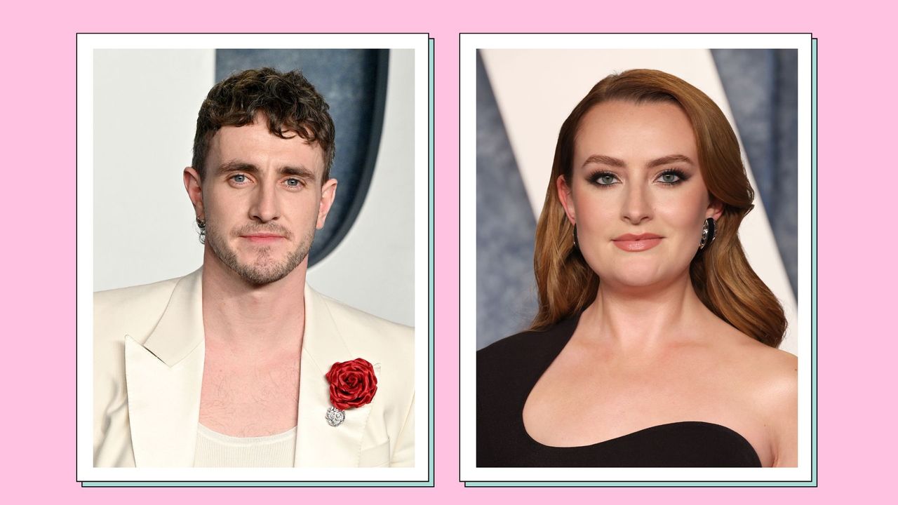 Amelia Dimoldenberg and Paul Mescal in a two picture template: Paul pictured wearing a white suit jacket and vest, with a red rose corsage / alongside Amelia wearing a one shoulder black dress at the Vanity Fair Oscar After-party 2023/ in a pink template