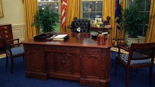 Socks the tuxedo cat sat behind desk in Oval Office at the White House