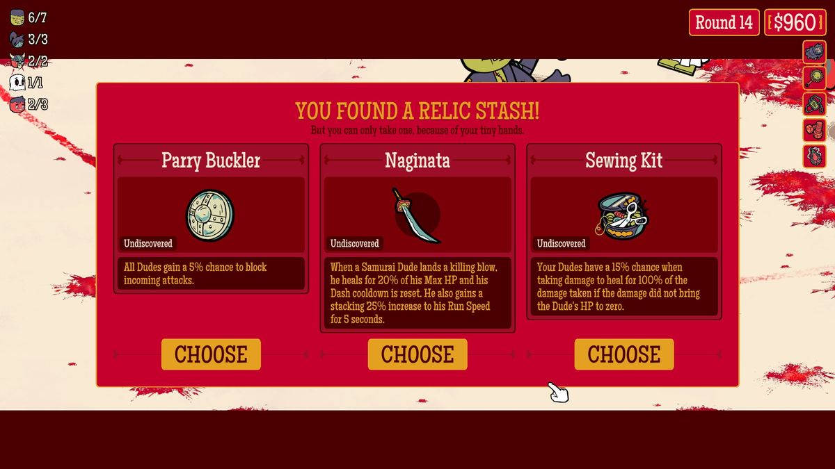 Several screenshots from How Many Dudes? by developer Butterscotch Shenanigans, demonstrating a variety of gameplay mechanics.