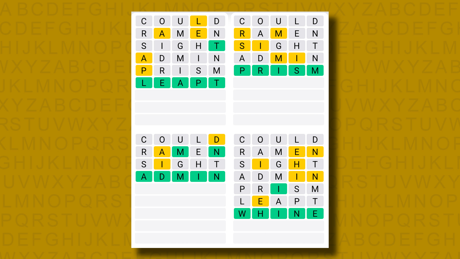 Quordle answers for game 1240 on a yellow background
