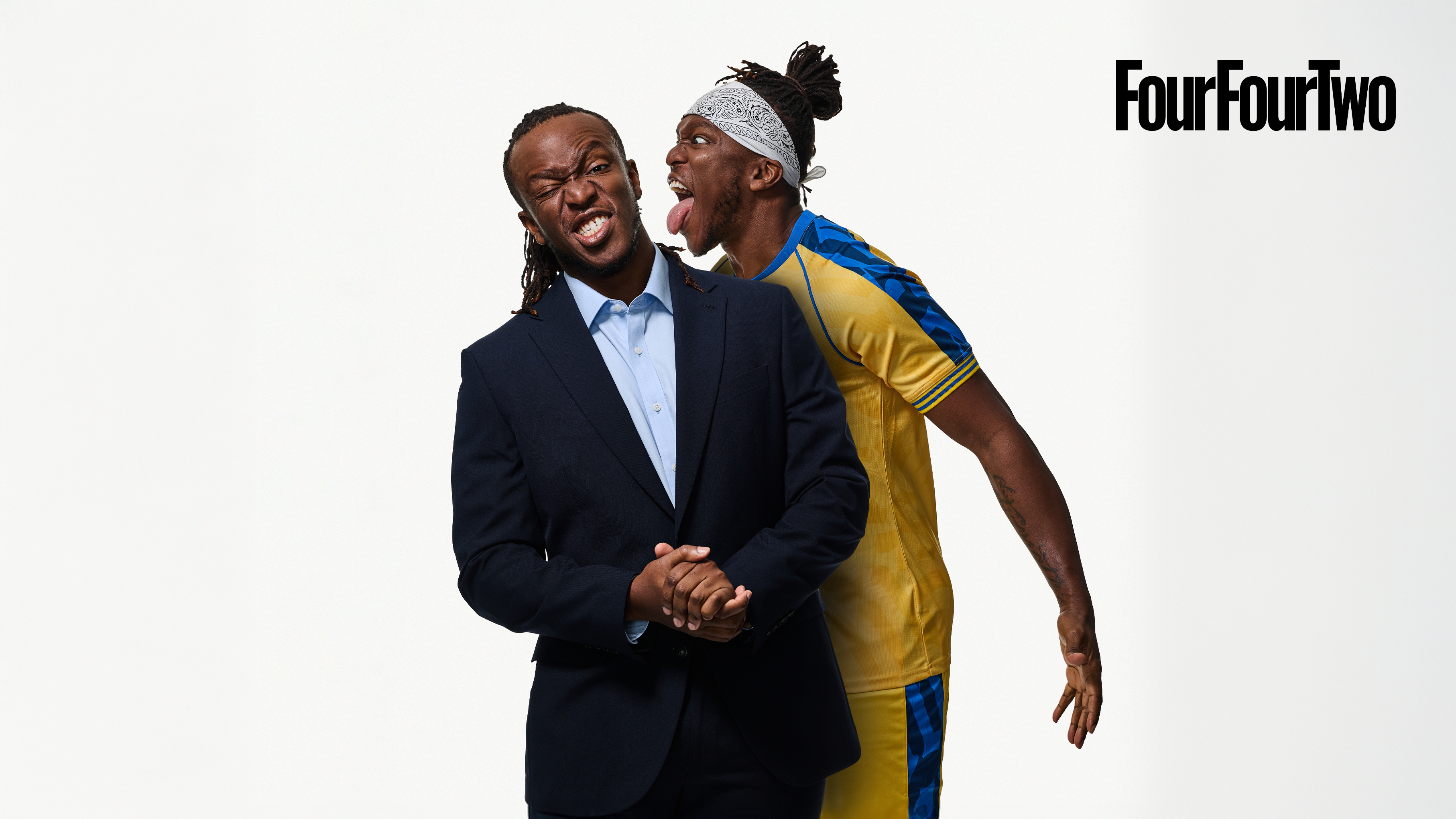 KSI takes part in a photoshoot at Dagenham &amp; Redbridge for the front cover of FourFourTwo magazine's July 2026 cover 393
