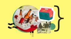 Photo collage of a full cooler, a product shot of an Igloo CoolTunes cooler, and people carrying a large cooler at the beach