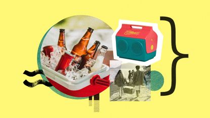 Photo collage of a full cooler, a product shot of an Igloo CoolTunes cooler, and people carrying a large cooler at the beach