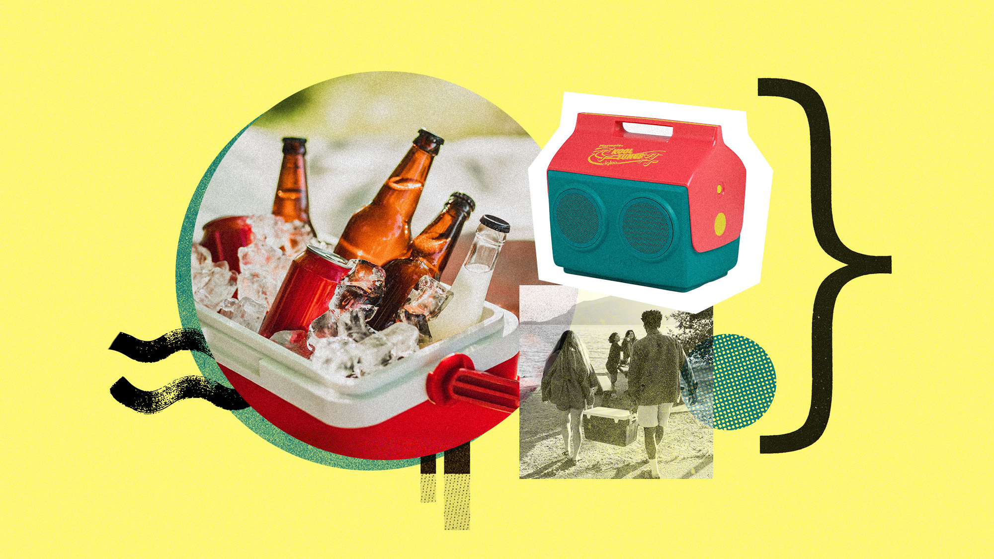 Photo collage of a full cooler, a product shot of an Igloo CoolTunes cooler, and people carrying a large cooler at the beach