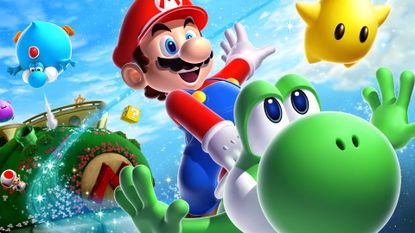 Mario riding Yoshi in Super Mario Galaxy 2
