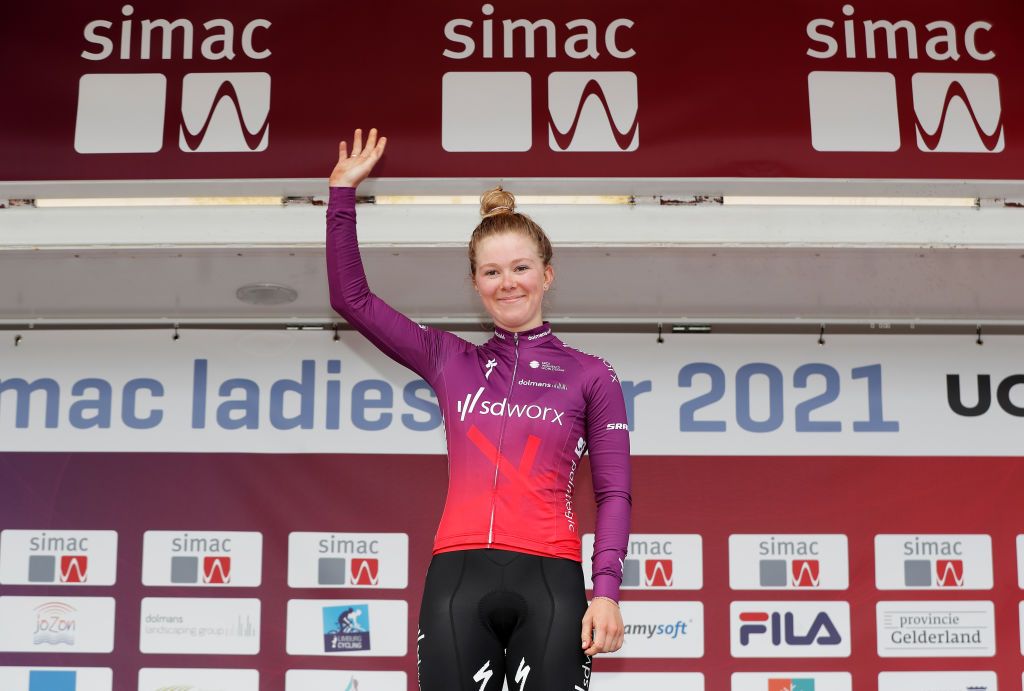 WEERT NETHERLANDS AUGUST 27 Lonneke Uneken of Netherlands and Team SD Worx celebrates winning the stage on the podium ceremony after the 23rd Simac Ladies Tour 2021 Stage 3 a 1259km stage from Stramproy to Weert SLT2021 UCIWWT on August 27 2021 in Weert Netherlands Photo by Bas CzerwinskiGetty Images