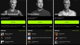 Three screenshots from the Apple Fitness+ platform, showing walks available from Hannah Waddingham, Prince William, and Jamie Lee Curtis